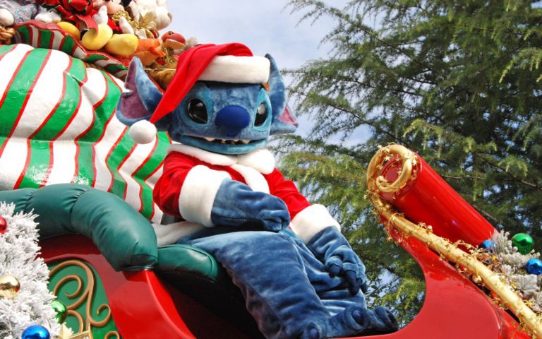 Santa Stitch riding on a stolen sleigh at Disneyland Park in California.