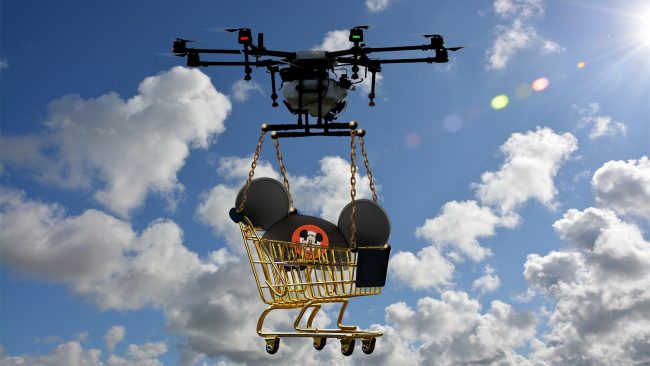 An Amazon/Disney drone makes a delivery.