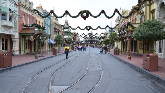 A near-empty Main Street USA at Disneyland on Christmas morning.