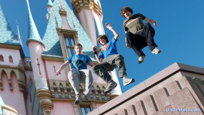 Disneyland Parkour, a new travel destination available from Adventures by Disney. Photo credit: Carterhawk [CC BY-SA 3.0] and THOR (Parkour Foundation Winter) [CC BY 2.0], both via Wikimedia Commons; modified.