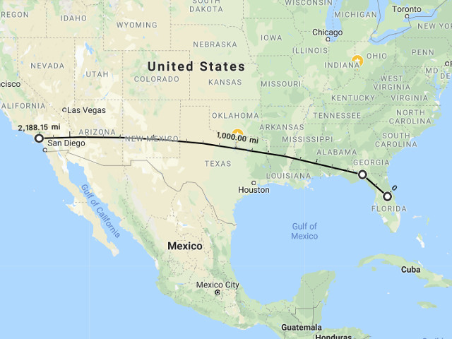 Projected path of interstate Skyliner. Image (c) 2018 Google / Maps.