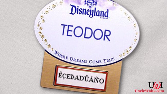 Teodor shows off his cast member name badge. Photo adapted from NameTagMuseum.com.