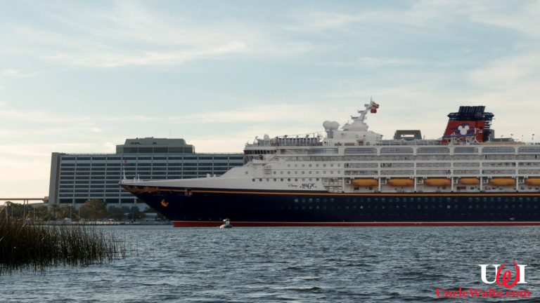 The Disney Magic totally for real on Bay Lake. Photo by Brandon Randall, used and modified by permission, and Pjotr Mahhonin [CC BY-SA 4.0] via Wikimedia Commons.