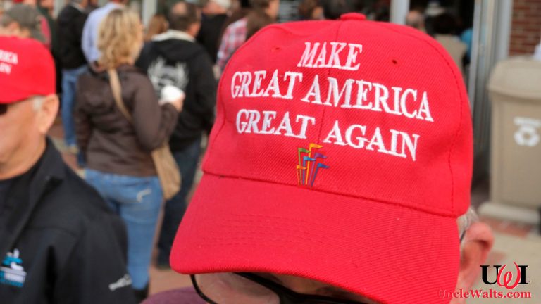 Six Flags owner John L. Ama wears his MGAGA hat. Adapted from photo by Gregory Rec/Staff Photographer/CNBC.