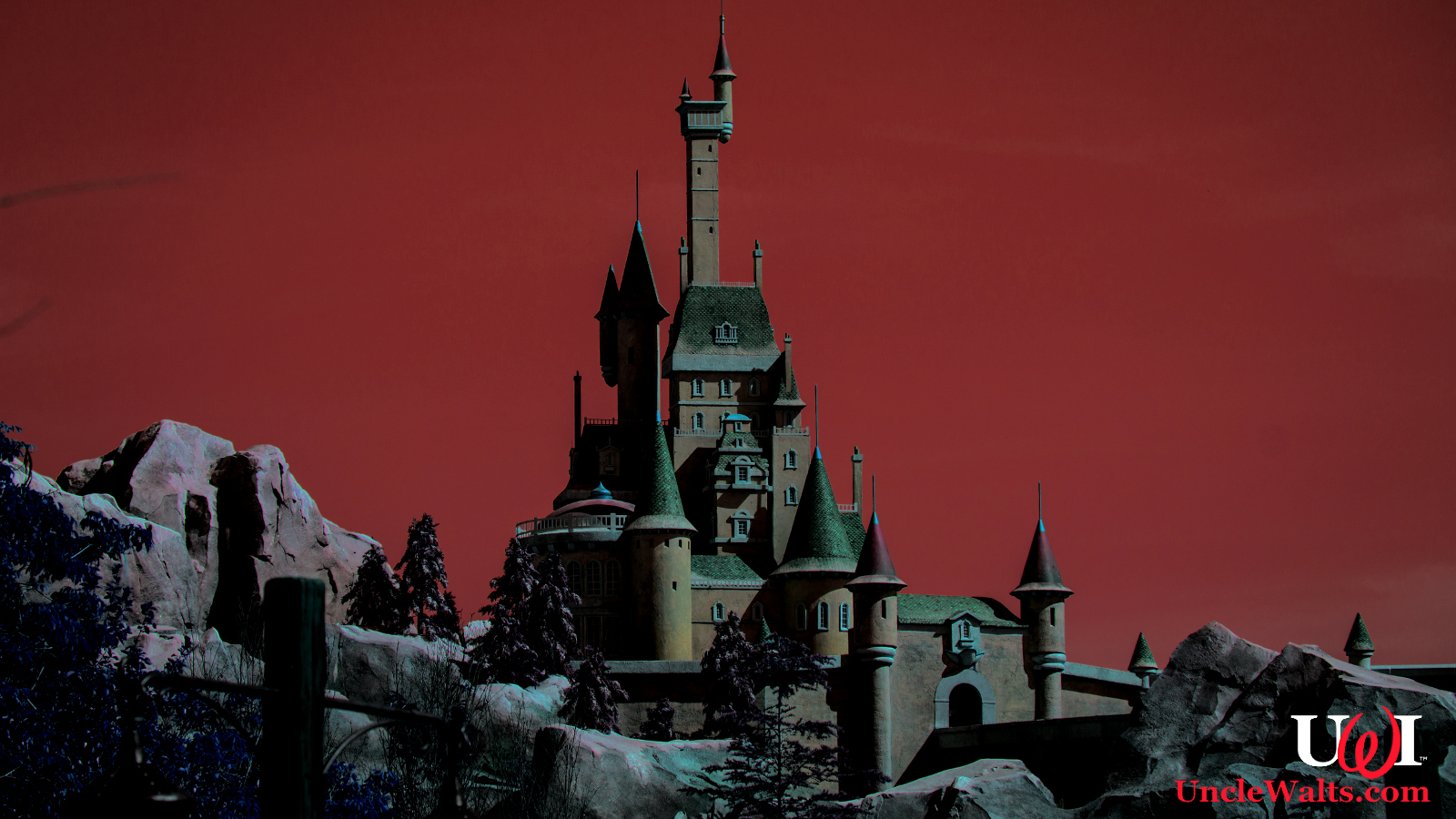 Be Our Guest Restaurant under a blood red sky. Photo by HarshLight [CC BY 2.0] via Wikimedia Commons.