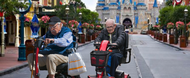 Len Henry and Webster Pryor racing down Main Street USA.