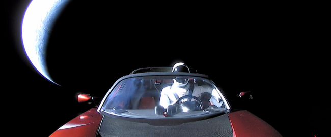 Space-going Tesla Roadster with Starman. Public Domain.