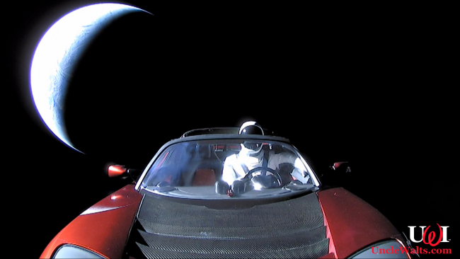 Space-going Tesla Roadster with Starman. Public Domain.