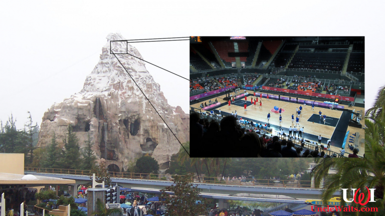 Composite photo of Disneyland's Matterhorn and its basketball court by JeroenZ85 [CC BY-SA 3.0] & jon smith [CC BY-SA 2.0] via Wikimedia Commons.