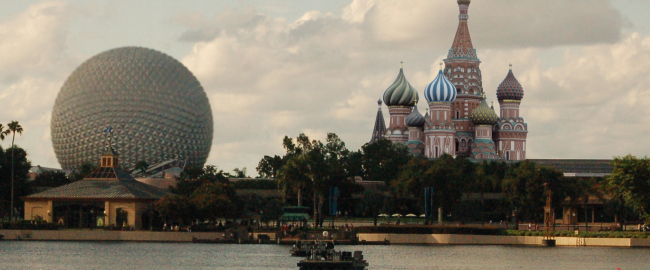 The Russia Pavilion at Epcot's World Showcase, with Spaceship Earth in the background. Photo by Eric Marshall [CC BY 3.0] via Wikimedia Commons.