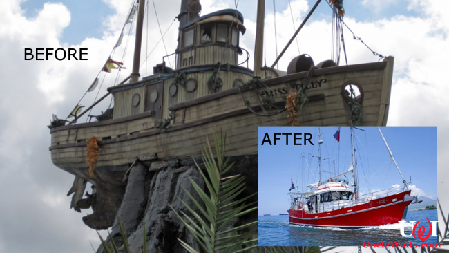 Miss Tilly before and after restoration. Before photo by Matthew Hull via wdwinfo.com. After photo courtesy of Magnolia Shrimping Ltd.