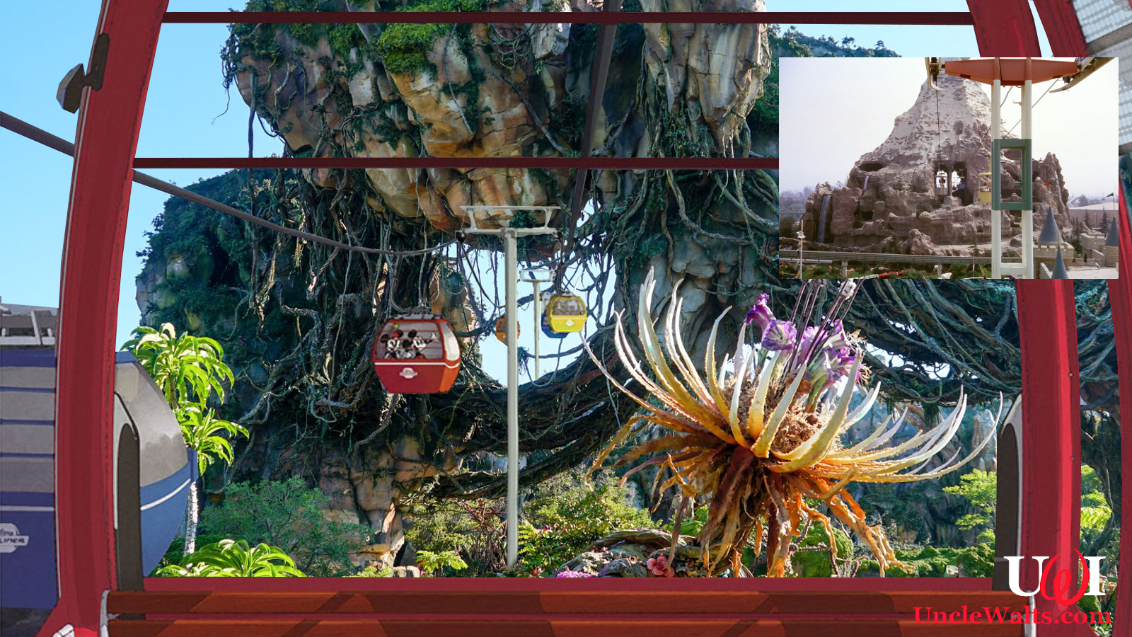 Concept art for the Disney Skyliner passing through the floating mountains of Pandora by Disney & Jedi94 [CC BY-SA 4.0] via English Wikipedia. Inset photo of Disney Skyway by Robert J. Levy [CC BY-SA 4.0] via Wikimedia Commons.