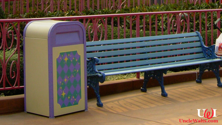 Disneyland bench. Okay, Hong Kong Disneyland bench. Photo by Xiquinho Silva [CC BY-SA 2.0] via Wikimedia Commons