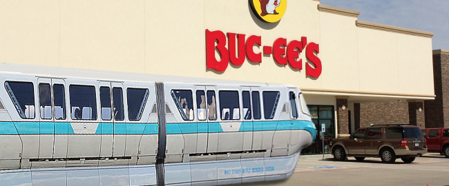 The Disney monorail stopping at the number one Texas landmark, Buc-ee's. Photo by lee leblanc [CC BY 2.0] via Flickr.