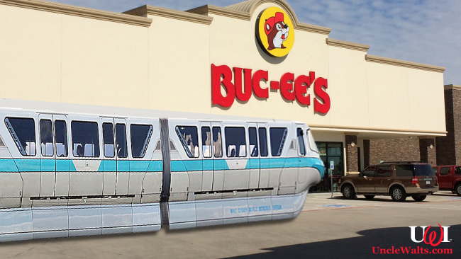 The Disney monorail stopping at the number one Texas landmark, Buc-ee's. Photo by lee leblanc [CC BY 2.0] via Flickr.