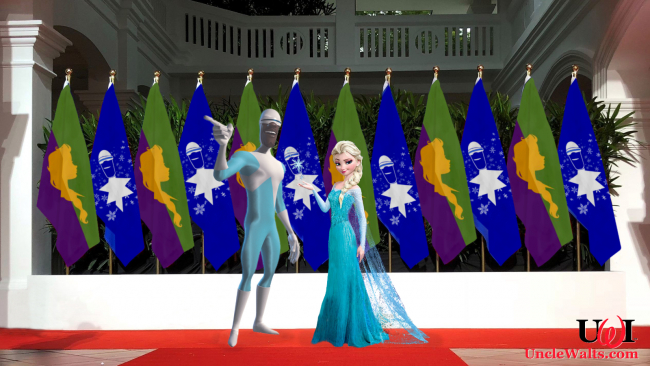 Frozone and Queen Elsa pose for photographers at the Svalbard Summit.