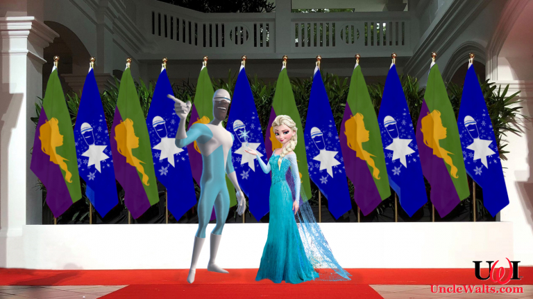 Frozone and Queen Elsa pose for photographers at the Svalbard Summit.