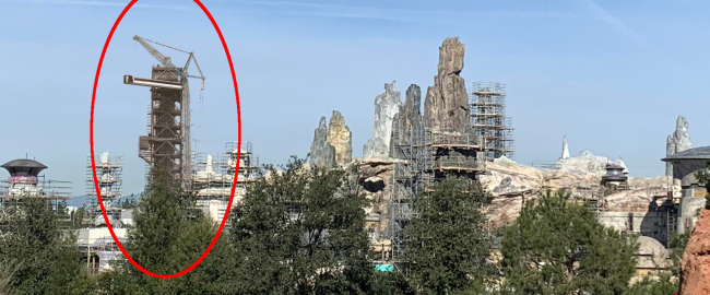 SpaceX launch tower under construction at Disneyland. Photo by ashleywho via Reddit & Stephen Clark via Spaceflight Now.