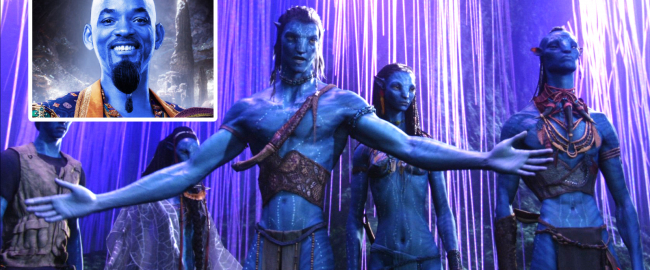 Na'vi protestors, with Will Smith as the Genie (inset). Photo courtesy wallpapertag.com; inset photo © 2019 Disney.