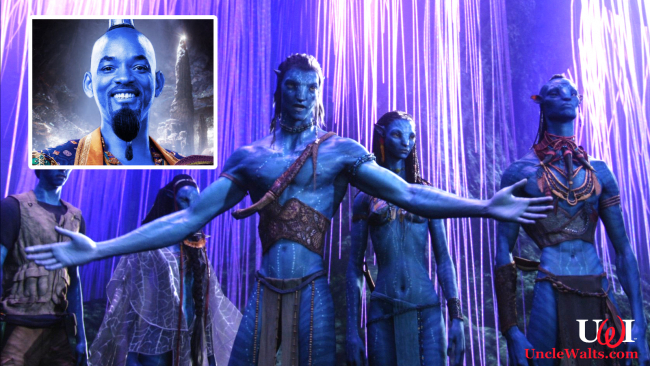 Na'vi protestors, with Will Smith as the Genie (inset). Photo courtesy wallpapertag.com; inset photo © 2019 Disney.
