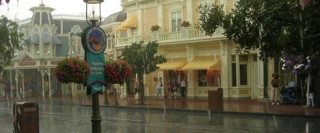 An extremely rare rain event at the Magic Kingdom. Photo by Andrew Evans [CC BY 2.0] via Flickr.