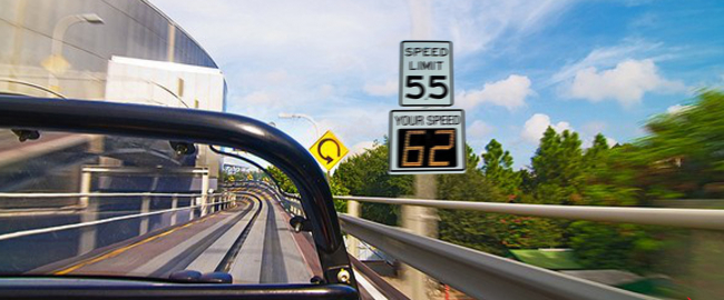 Test Track, with new speed measuring signs. Photo courtesy Disney Tourist Blog, modified & used by permission.