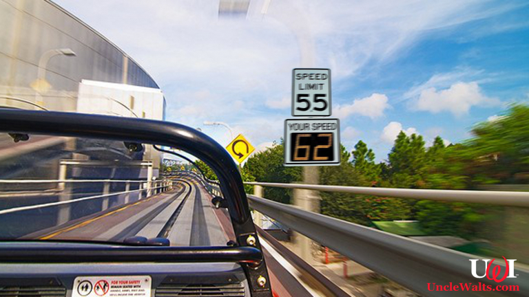 Test Track, with new speed measuring signs. Photo courtesy Disney Tourist Blog, modified & used by permission.