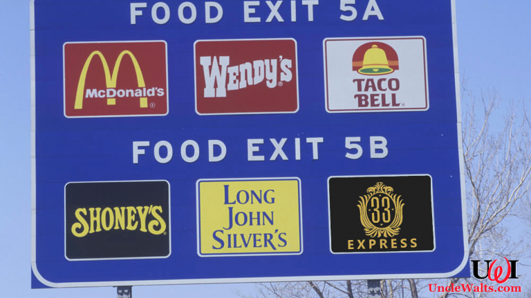 Club 33 Express fast food on a highway exit sign. Photo from DepositPhotos.com, modified.
