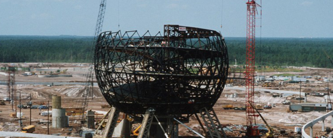 The partially dismantled Spaceship Earth. Photo © Disney.