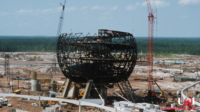 The partially dismantled Spaceship Earth. Photo © Disney.