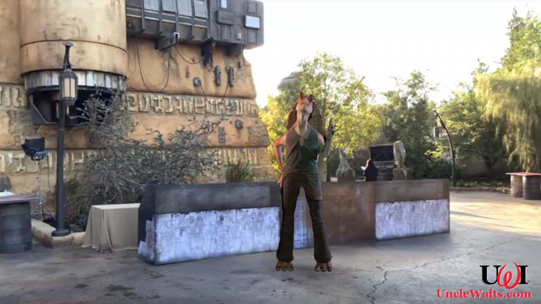 Jar Jar Binks, alone at his meet-and-greet. Video still from ThemeParkReview via YouTube