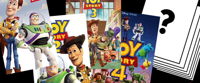 Posters for the current and future Toy Story films. Posters by Disney/Pixar; Question mark by Mouser font via GIMP.