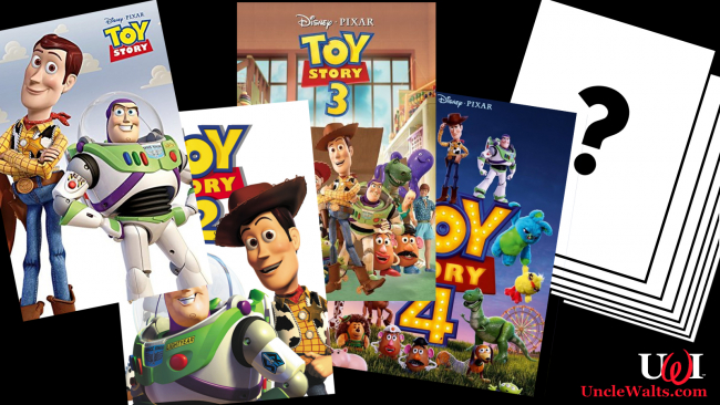 Posters for the current and future Toy Story films. Posters by Disney/Pixar; Question mark by Mouser font via GIMP.