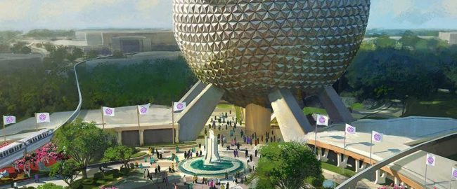 Artist's rendering of the new Epcot entryway, featuring greenery, fountains, and a planet-killing laser. © 2019 Disney.