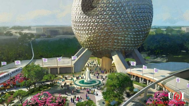 Artist's rendering of the new Epcot entryway, featuring greenery, fountains, and a planet-killing laser. © 2019 Disney.