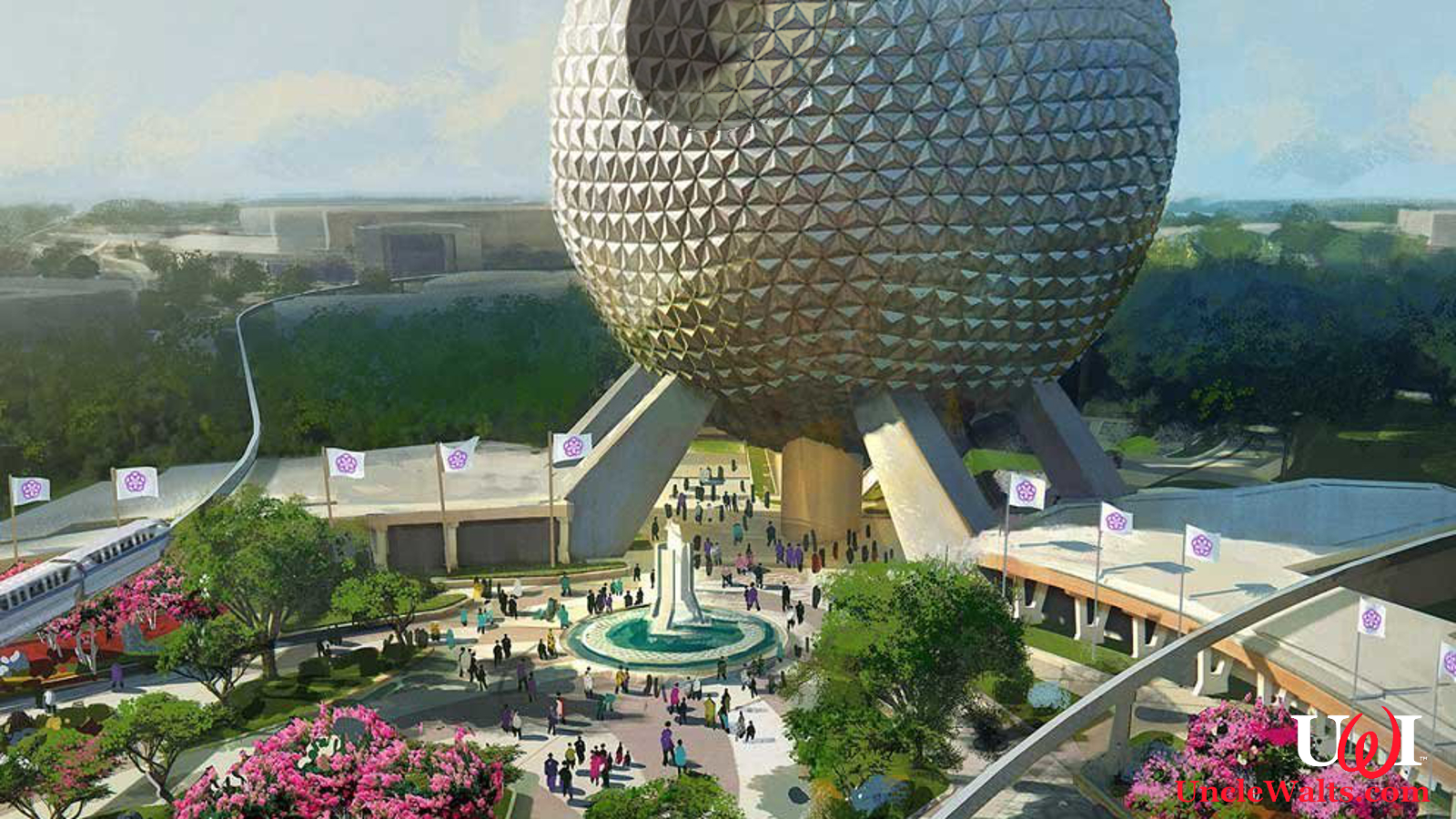 Artist's rendering of the new Epcot entryway, featuring greenery, fountains, and a planet-killing laser. © 2019 Disney.