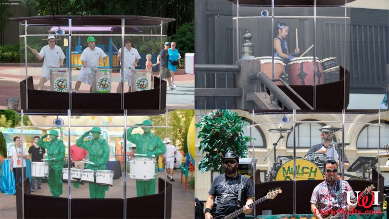 Various Disney World drummers in cages, as all drummers should be. Photo by charactercentral.net, deleted account via Reddit, WDW360.com, insidethemagic.net, and Acoustical Solutions.