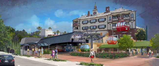 Artist's concept of the Camelot Inn & Suites Skyliner station on Harbor Blvd. Photo © 2018 Disney & 2019 Google Street View.