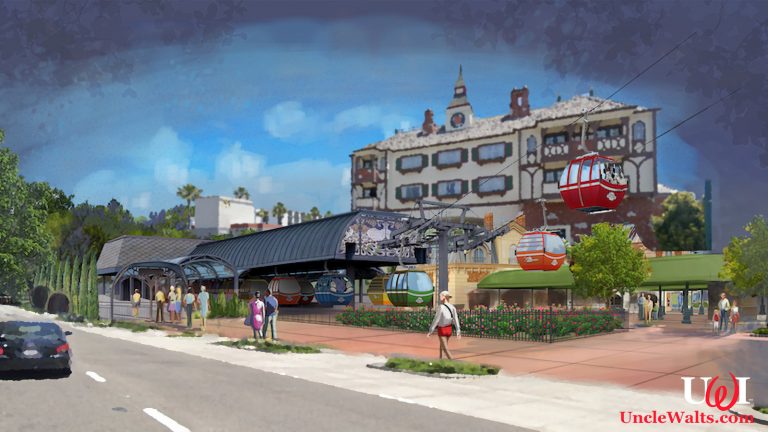 Artist's concept of the Camelot Inn & Suites Skyliner station on Harbor Blvd. Photo © 2018 Disney & 2019 Google Street View.