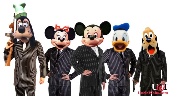 Disney Fabulous Five - Mickey, Minnie, Donald, Goofy, and Pluto - dressed as their new theming requires, in pinstripe suits for the transition from the Mickey Mouse Club to the Mickey Mouse Mafia. Goofy has a Tommy gun
