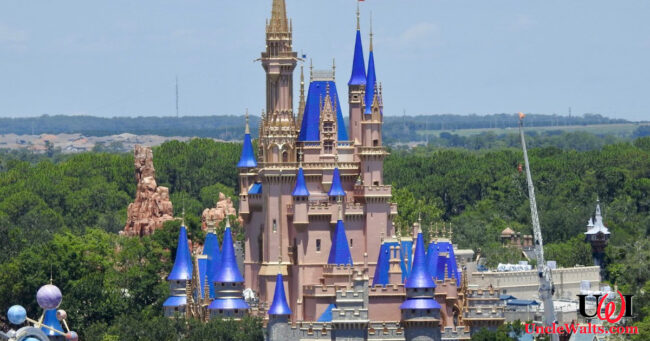 Vandals paint Cinderella Castle a hideous pink color. Photo by Laughing Place via Twitter.