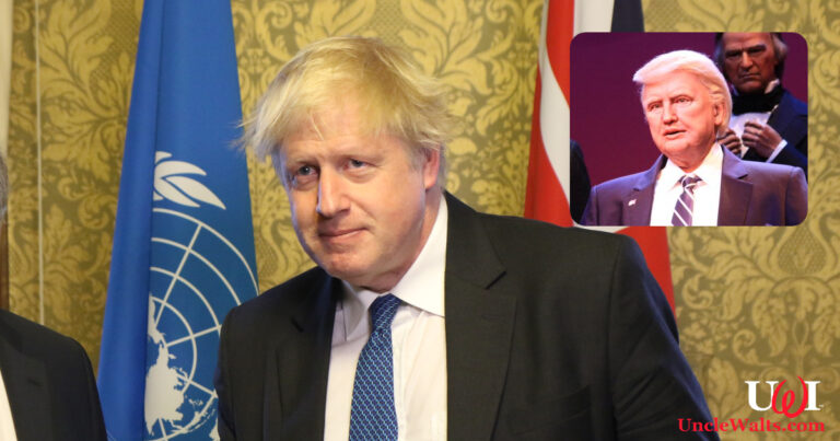 The Trump animatronic; Inset photo: Boris Johnson. Photo by Foreign and Commonwealth Office [CC BY 2.0] via Flickr.