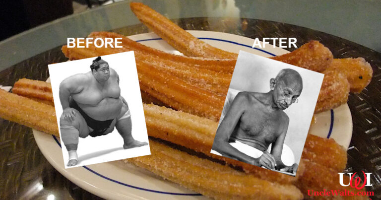 Totally not fake before and after photos of this guy. Churro photo by Mark Mitchell [CC BY 2.0] via Flickr; Before photo [CC BY-NC-ND 3.0] from probaway.com; After photo Public Domain via Wikimedia.