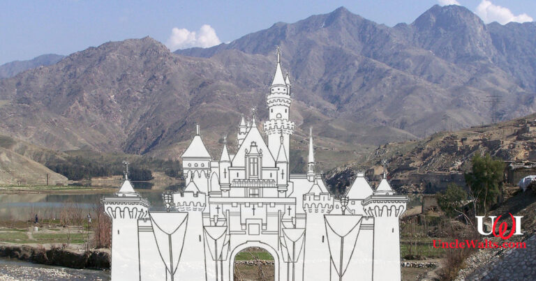 Artist's rendering of the site of Disneyland Kabul, before the fall. Photo by Sven Dirks via Wikimedia & BloomyLiahona via DeviantArt, both [CC-BY-SA-3.0].