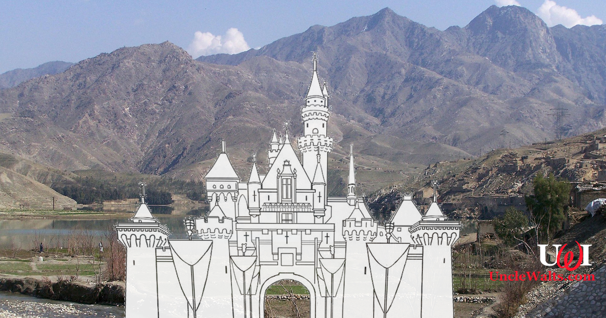 Artist's rendering of the site of Disneyland Kabul, before the fall. Photo by Sven Dirks via Wikimedia & BloomyLiahona via DeviantArt, both [CC-BY-SA-3.0].