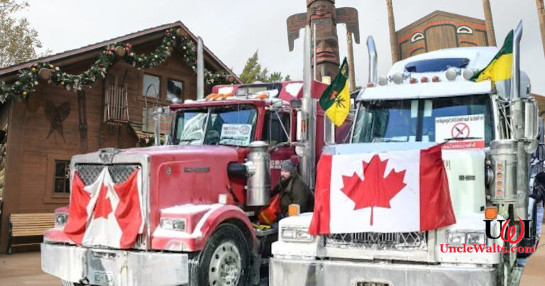 Freedom convoy at Epcot's Canada Pavilion. Photo by Steven Miller [CC BY 2.0] via Flickr, and Minas Panagiotokis/Getty Images.
