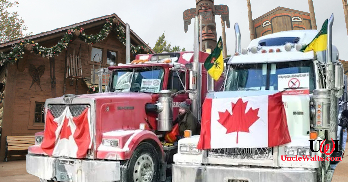 Freedom convoy at Epcot's Canada Pavilion. Photo by Steven Miller [CC BY 2.0] via Flickr, and Minas Panagiotokis/Getty Images.