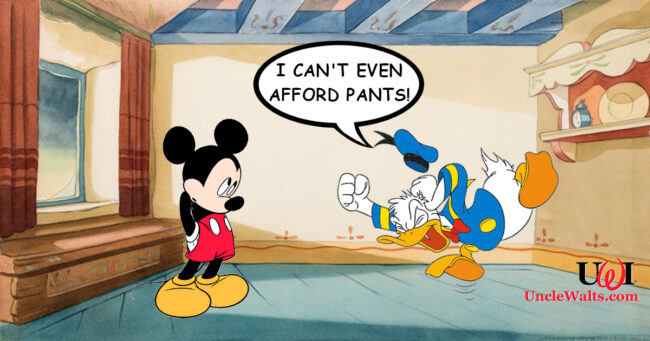 In case you missed it, DONALD CAN'T EVEN AFFORD PANTS. Photo by Disney, and various clip art libraries.